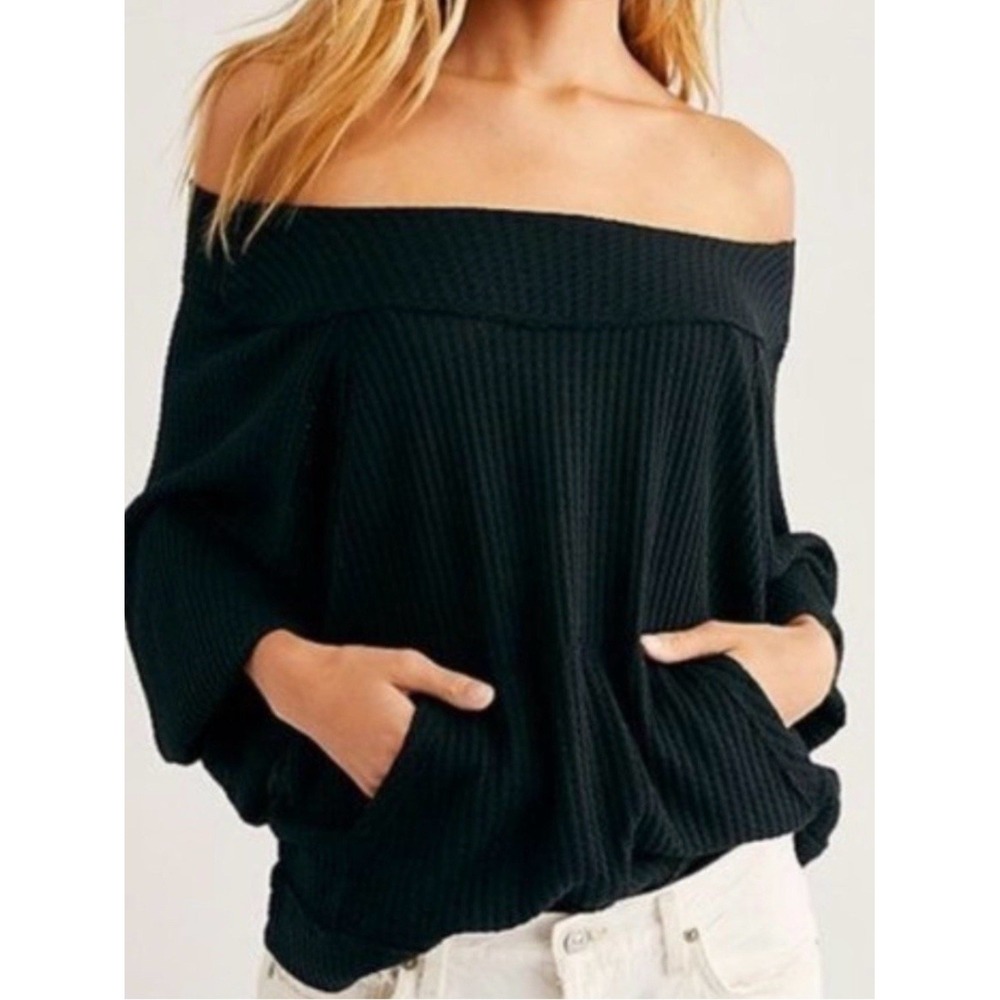 We The Free Waffle Knit Top Womens Small Black Dolman Sleeve Thermal V-Neck